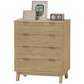 4 Drawer Double Dresser for Bedroom, Fluted Chest of Drawers with Gold Finger Pulls and 4 Wood Legs, Natural Wood