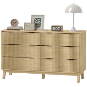 6 Drawer Double Dresser for Bedroom, Fluted Chest of Drawers with Gold Finger Pulls and 5 Wood Legs, Natural Wood