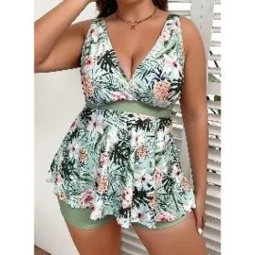 Swimsuits For Women Tropical Print V Neck Tops And Shorts Bathing Suits Two Piece Swimsuit (Option: 2xl)
