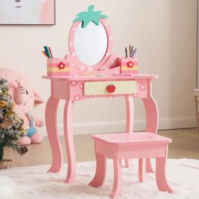 Pink MDF Spray-painted + Apple-printed 1-drawer 2-desktop Storage Box Children's Dressing Table Set (Option: defaulttitle)